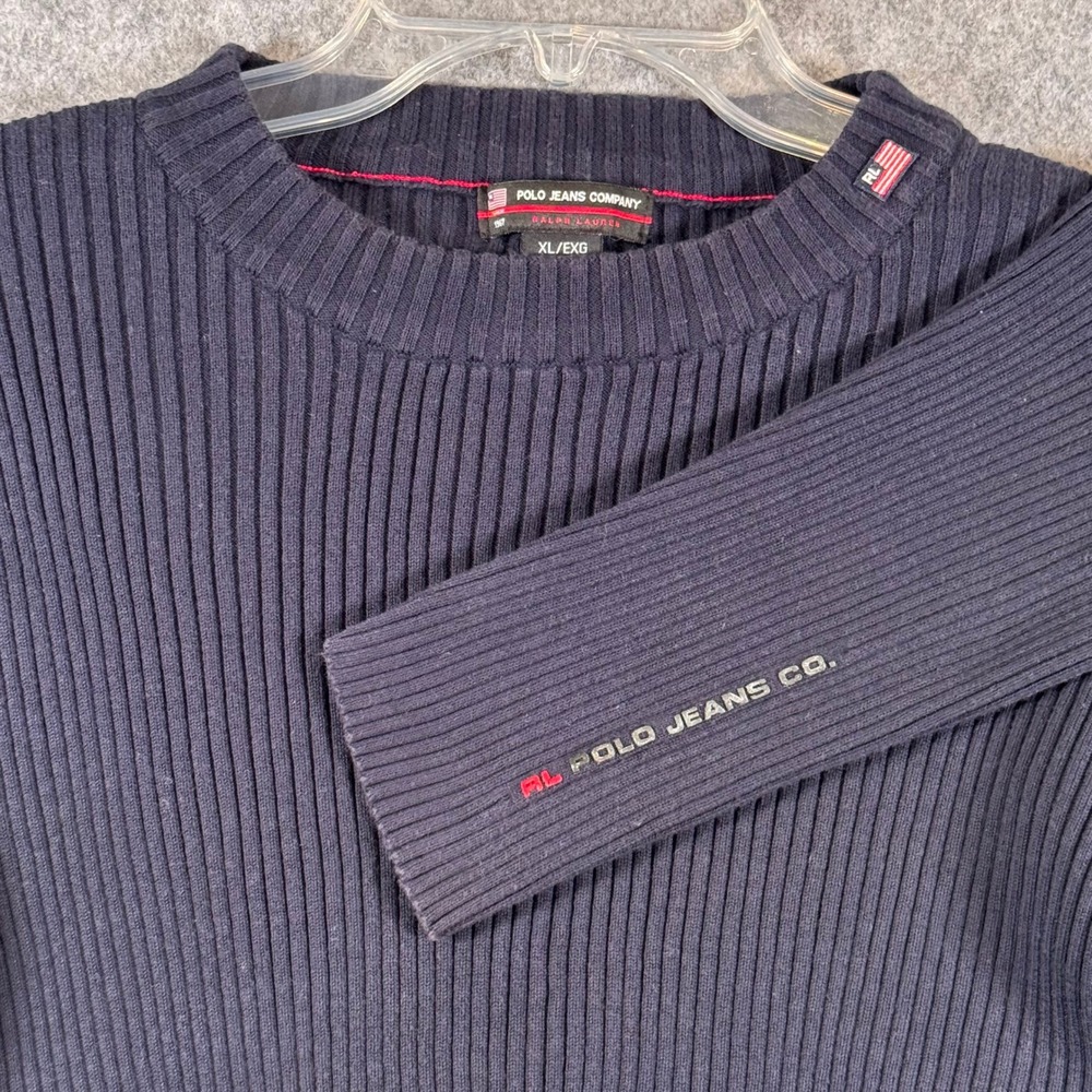Vtg Polo Jeans Ralph Lauren Sweater Womens XL Ribbed Blue Nautical 90s Hipster